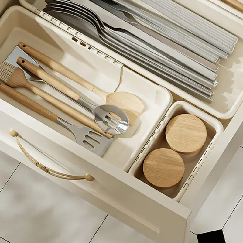 주방 서랍 정리 도구, 조절 가능한 개폐식 부드러운 당김 서랍 삽입, 쉬운 접근, 다기능 경량 정리 도구