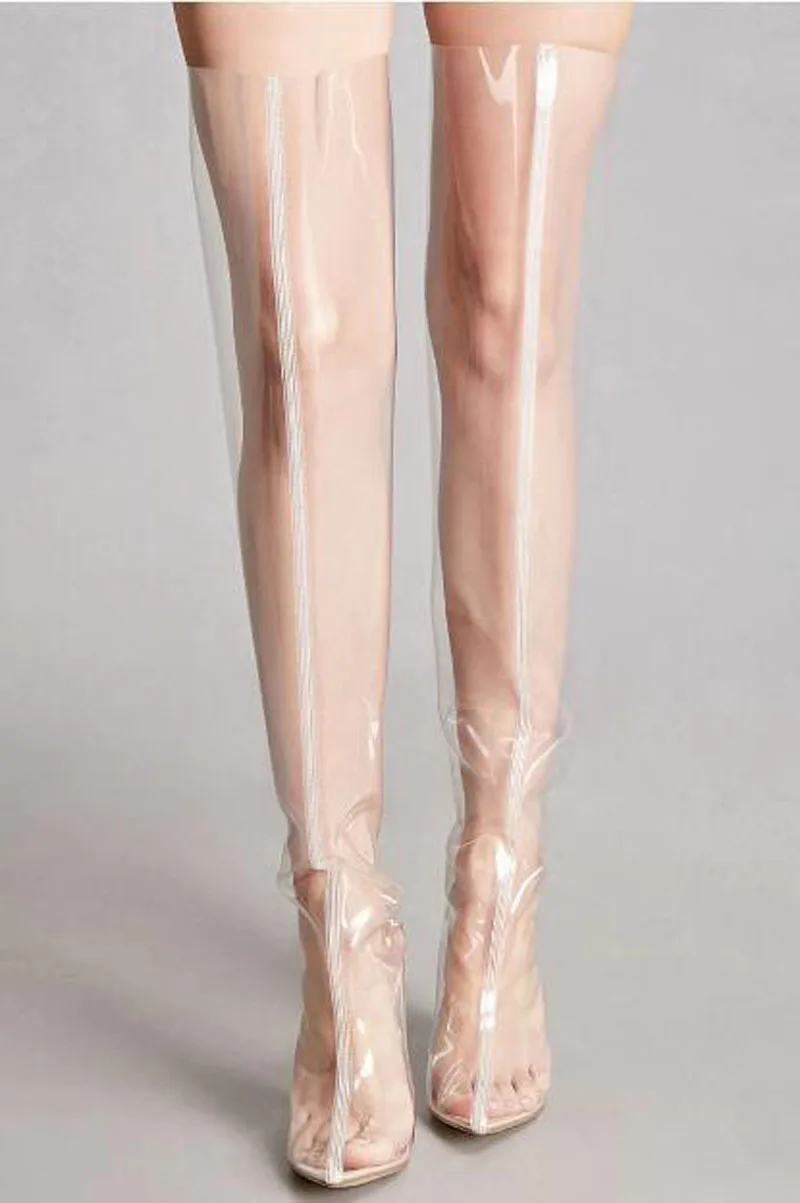 Sexy Transparent PVC High Heels Thigh Boots Pointed Toe Crystal
