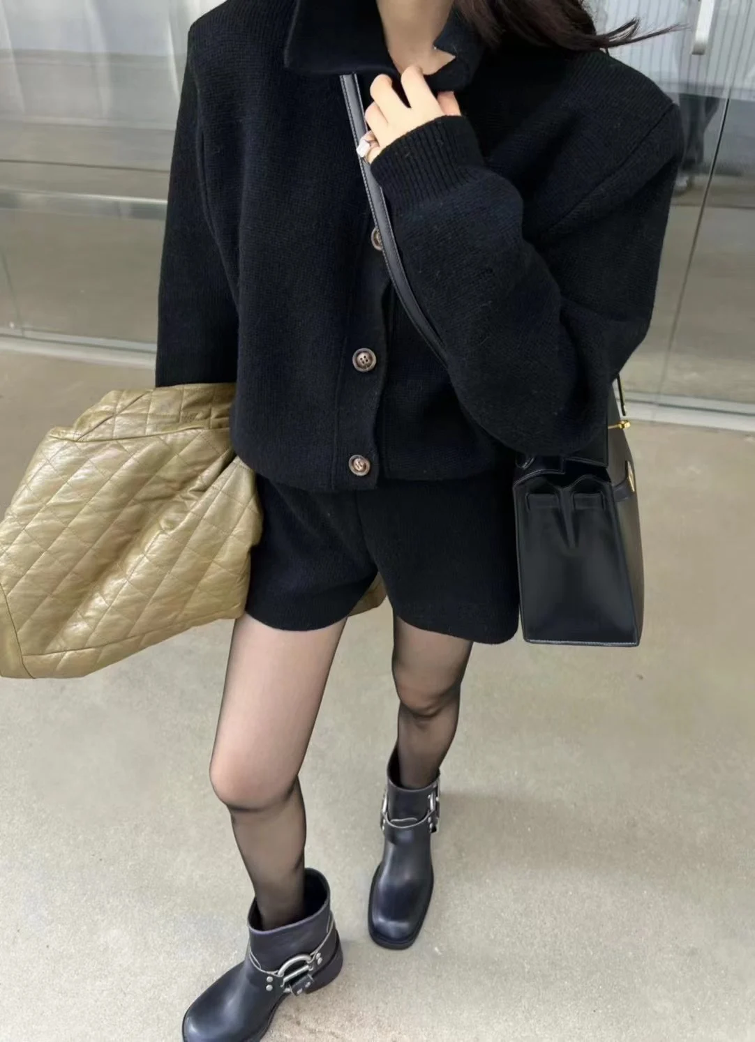 Autumn Winter New Two-piece Knitted Sets Single Breasted Sweater Top High Waist Shorts Korean Fashion Casual Outfits Solid Suit