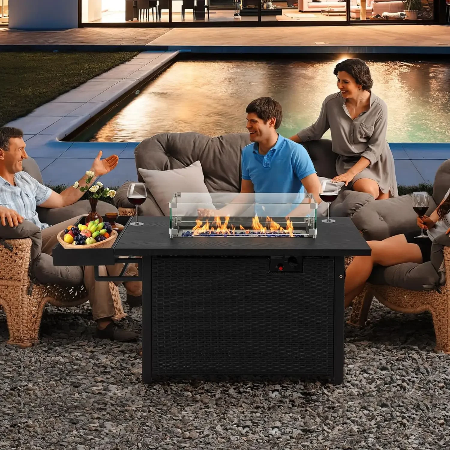Giantex 52" Outdoor Propane Fire Pit 50,000 BTU Wicker Patio Gas Fire Table Lid Waterproof Cover Tempered Glass Wind