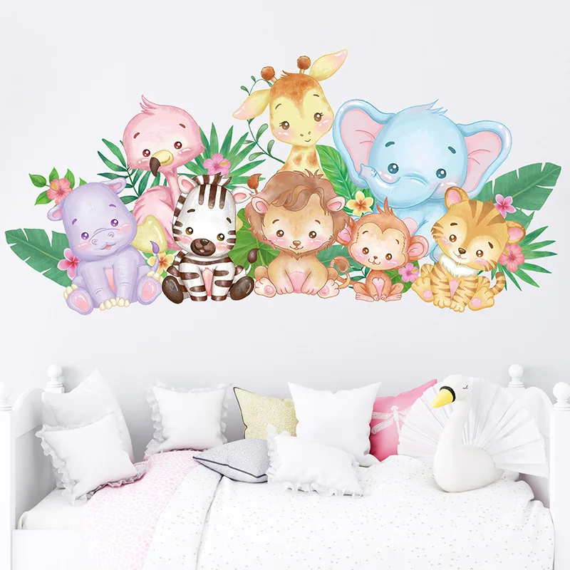  Pegatinas de pared de animales de dibujos animados para habitación de  niños, calcomanías de vinilo de acuarela, flamenco, elefante, León,  murales, papel tapiz para dormitorio de bebé _ - AliExpress Mobile