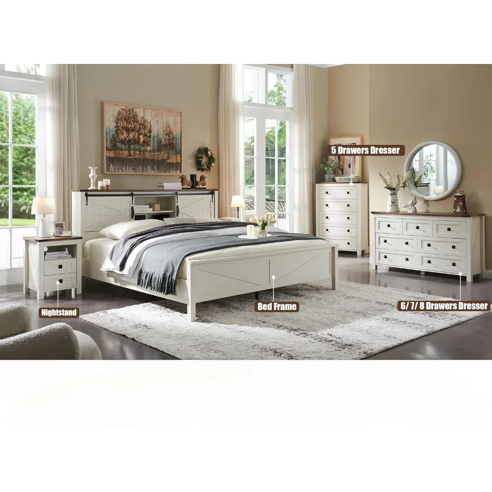 Nightstand with Charging Station, End Table, Side Table for Bedroom, Living Room, Farmhouse Design, Wood Rustic, Antique White 2