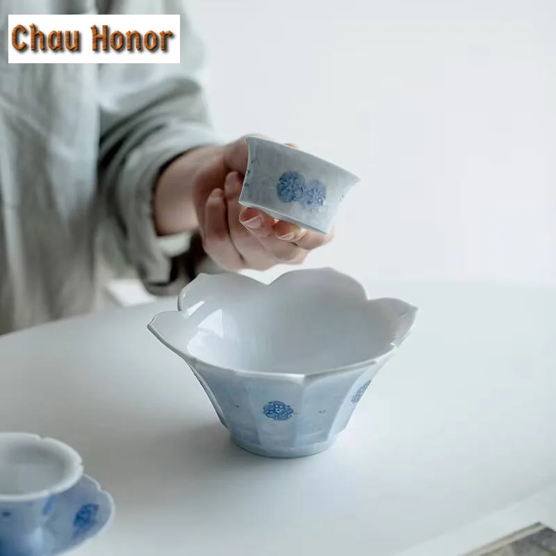 Pure Hand-painted Fog Blue Cherry Blossom Art Pot Bearing Creative Lotus Pot Inheriting Zen Ceramic Dry Bubble Table Fruit Plate