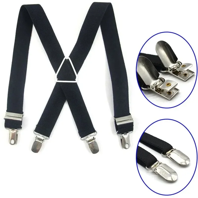 Adjustable X-Back Suspenders - 2.5cm Wide Elastic Braces with 4-Clip Design for Men & Women, Vintage Trouser  Support