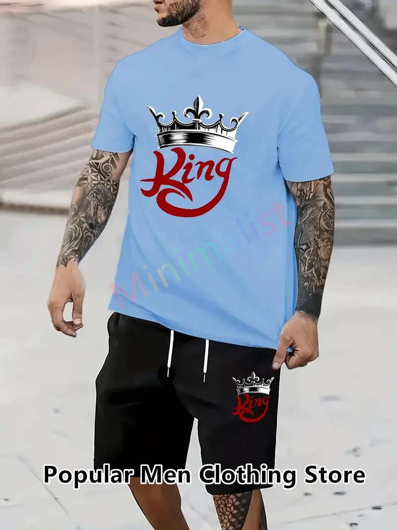 Men's Summer Tracksuit KING Crown Print T-Shirt Shorts Set Sports Short Sleeve Outfit Casual Trendy Man Clothing Outdoor Suits