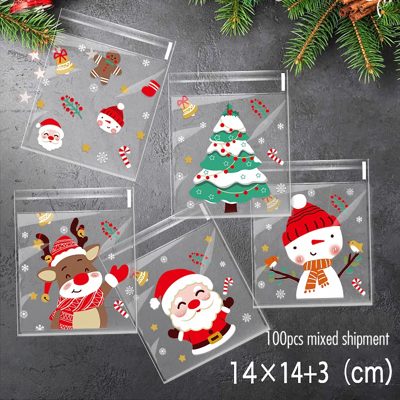 Christmas Gift Bags 100pcs Christmas Treat Bags-Self-Sealing Disposable Opp Candy & Cookie Pouches With Festive Cartoon Designs For Holiday Gifts