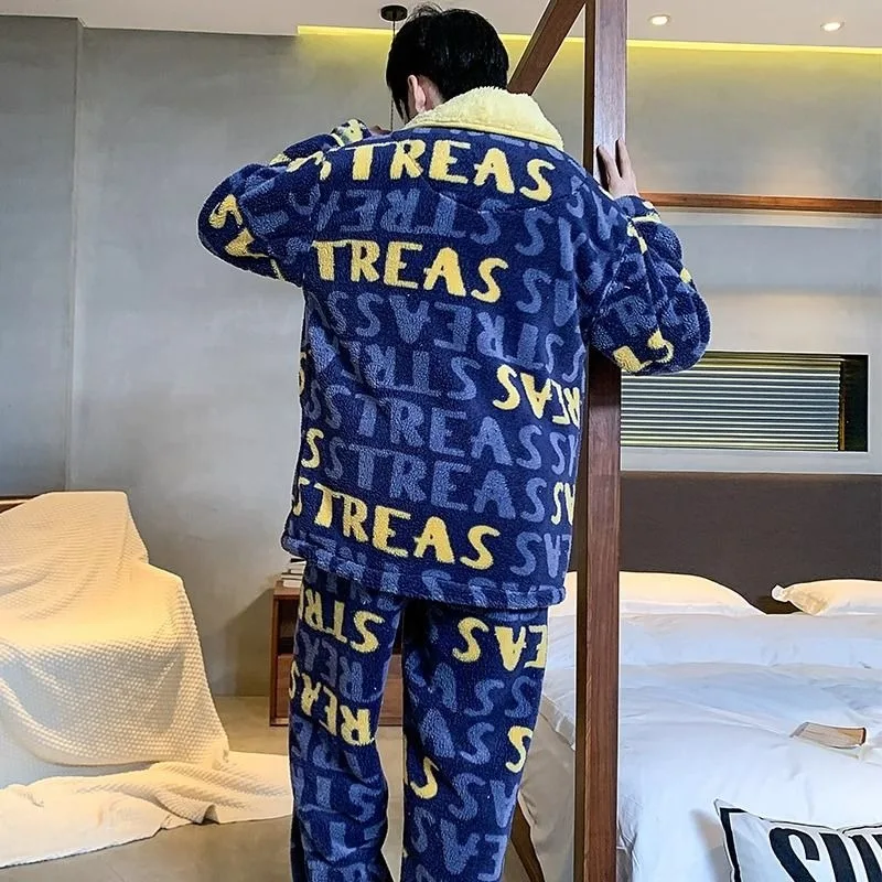 2024 New Men Pajamas Winter Coral Fleece Thickened Fleece Large Size Nightclothes Suit Flannel Teenagers Casual Warm Loungewear