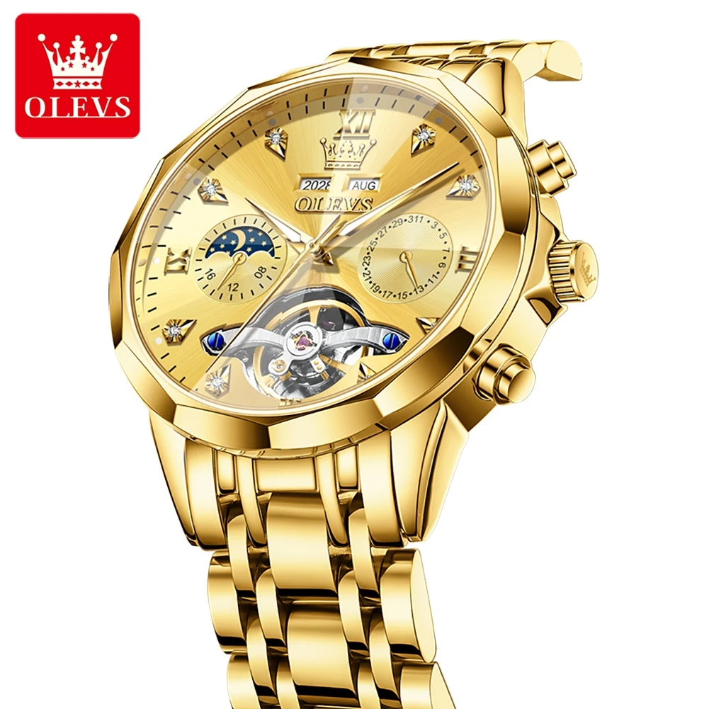 OLEVS 6621 Man Automatic Watch Rhombus Mirror Hollow Skeleton Mechanical Watch For Men Steel Strap Moon Phase Luxury Wristwatch