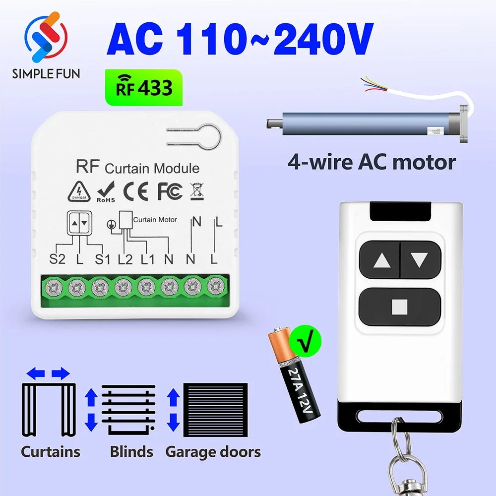 

433Mhz Curtain Switch Wireless Remote Control Receiver 110V 220V 240V 16A RF 2-Way Module for Roller Shutter Blinds Garage door