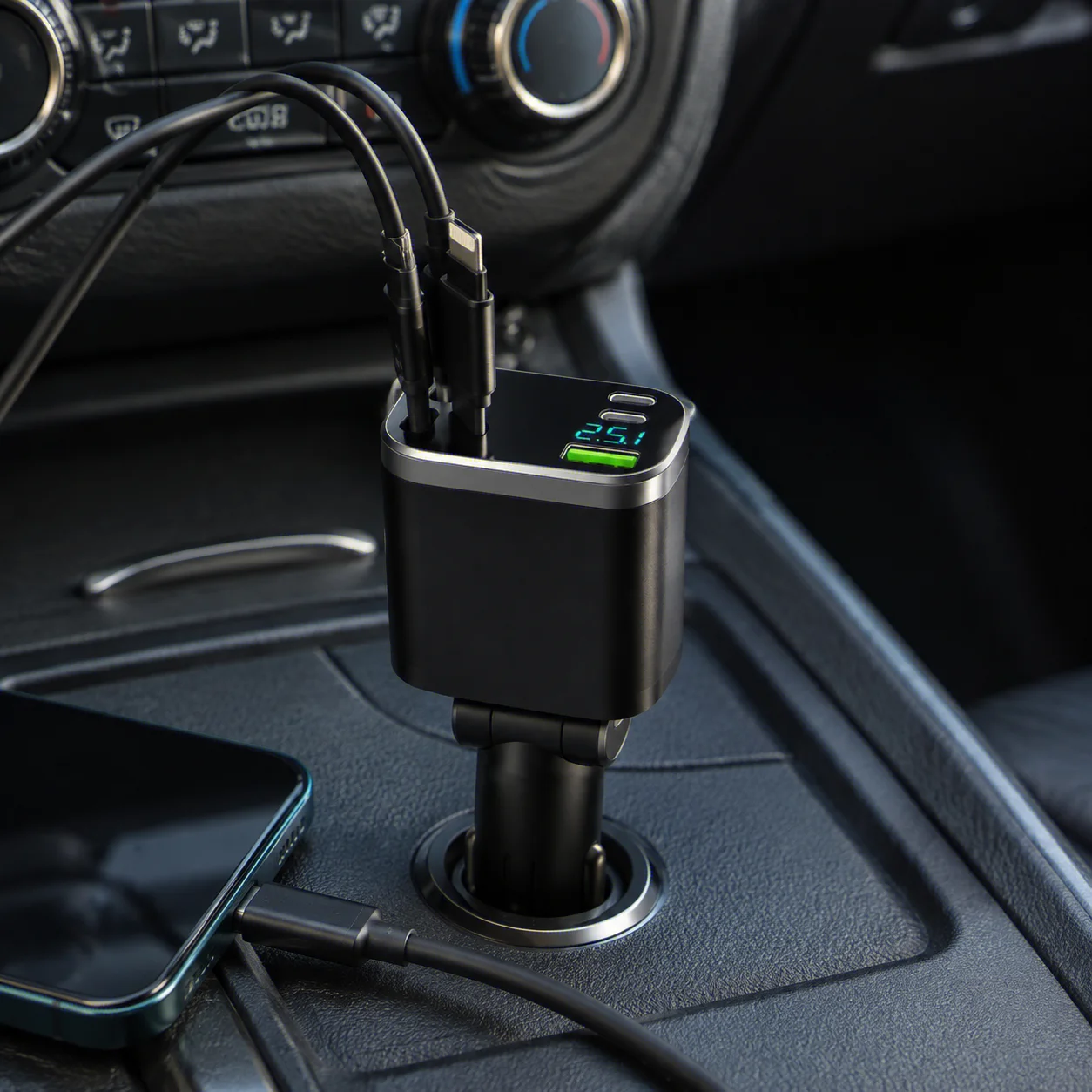 Compact Digital Display Car Charger with Retractable Cable