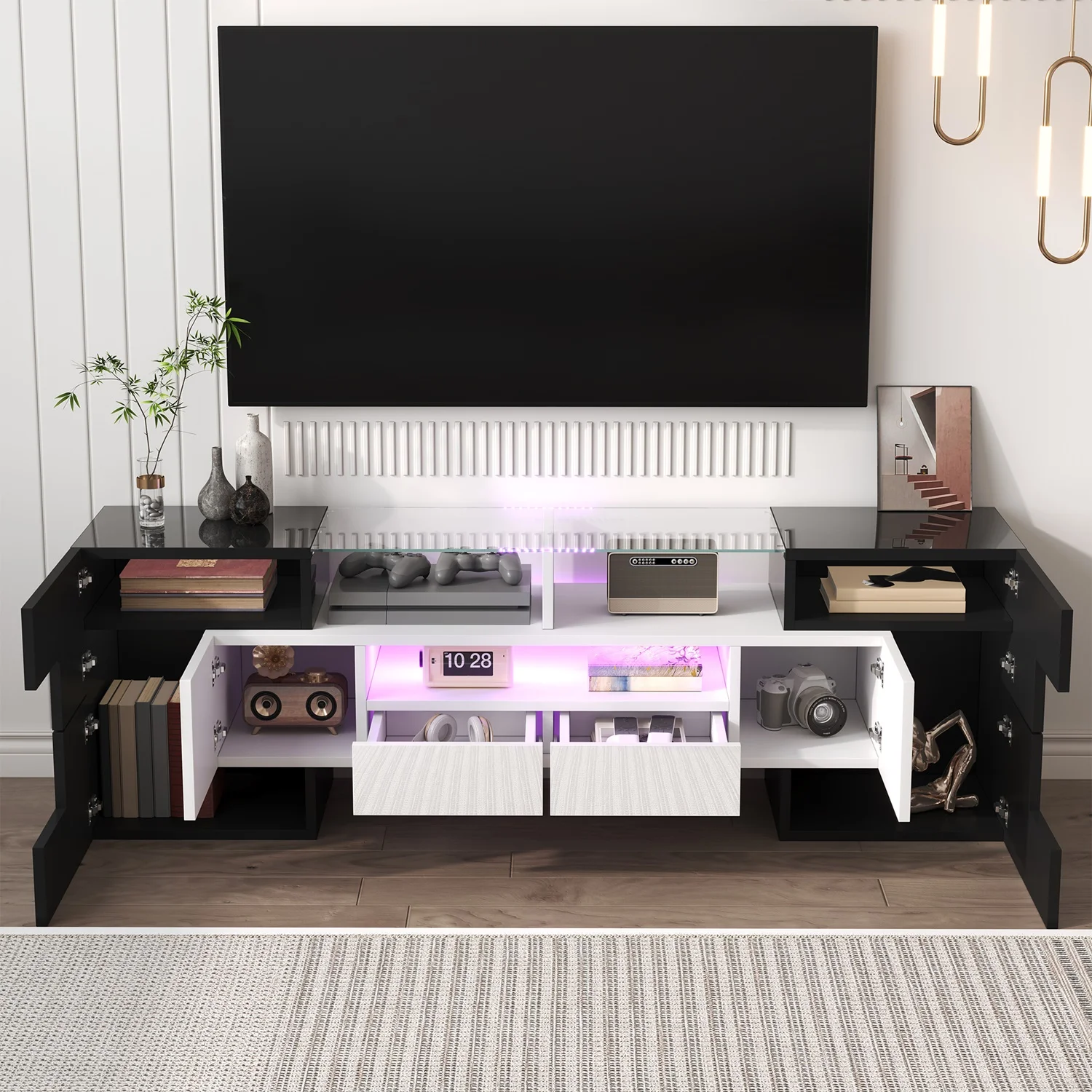 Stilvolles TV-Möbel 145x50cm, LED-Beleuchtung mit Stauraum, Lowboard mit Hochglanzoberfläche, Wohnzimmermöbel, Schwarz + Weiß – Detail 5