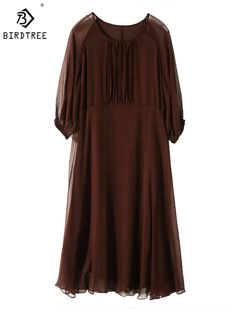 

Birdtree 100%Mulberry Silk Elegant Dresses Women Puff Sleeve Thin Lace Crepe Patchwork OL Midi Dress Summer Autumn New D38408QM