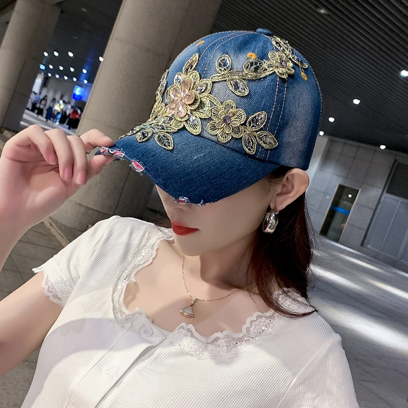 Denim Baseball Cap Women Spring Summer Rhinestone Flower Cowboy