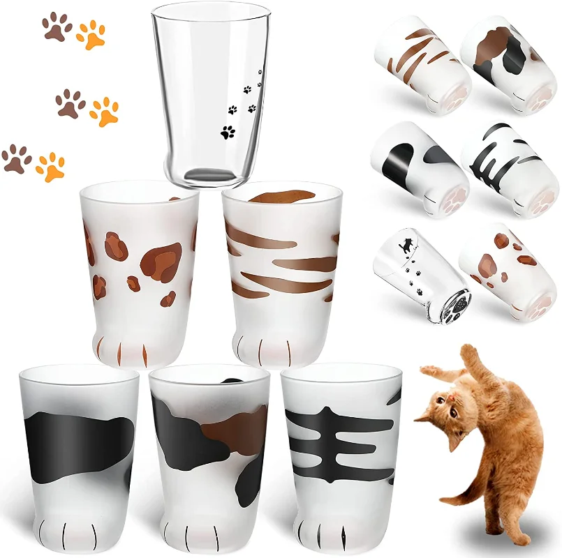 300ml Cute Cat Paw Glass Cup Frosted Print Cat Foot Coffee Mug Household Kawaii Milk Bubble Tea Cups Glasses for Water Juices
