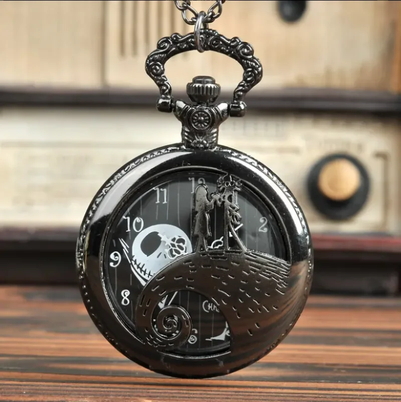 Reloj de bolsillo de cuarzo negro con diseño de tema navideño Vintage, collar, regalos para hombres y mujeres, relojes exquisitos de Quarttz, moda