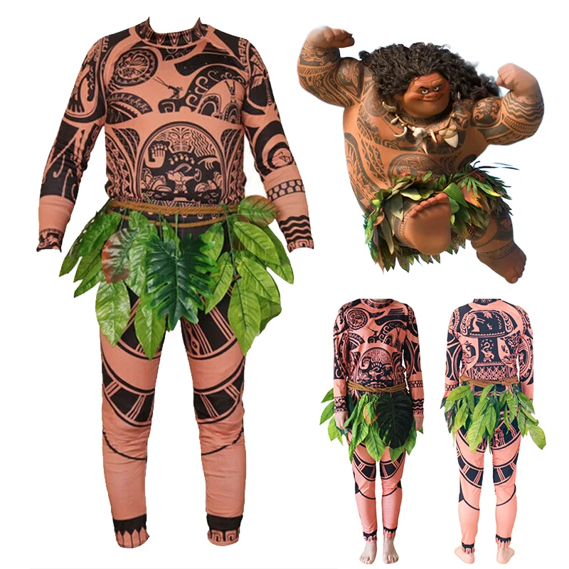 Moana Maui Tattoo Costume Cosplay Maui Tattoo T Shirt Pantaloni Collant Set Halloween Adulto Mens Kid Costume Abiti Divertenti