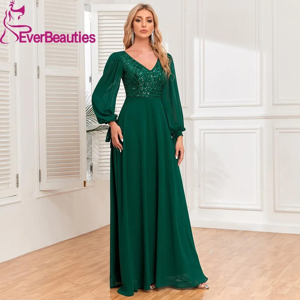 

Long Sleeves Evening Dresses for Women A Line Vestidos De Gala Chiffon Sequins Vestidos Para Eventos Especiales