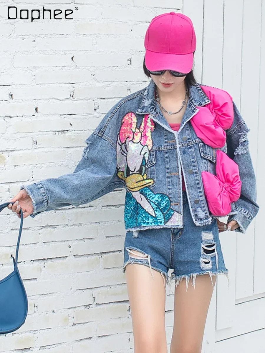 Three-Dimensional Decoration Bow Short Denim Jacket for Women 2022 Loose Casual Cartoon Sequins Personalized Jeans Coat Female
