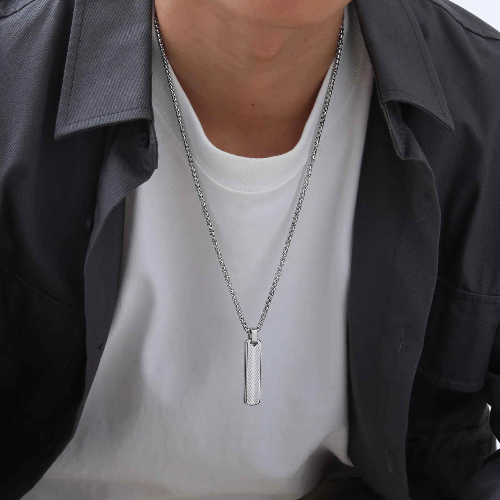 Vertical Long Bar Pendant Necklaces for Men Boys,Stainless Steel Cutting Flower Pendant Necklaces,Casual Jewelry