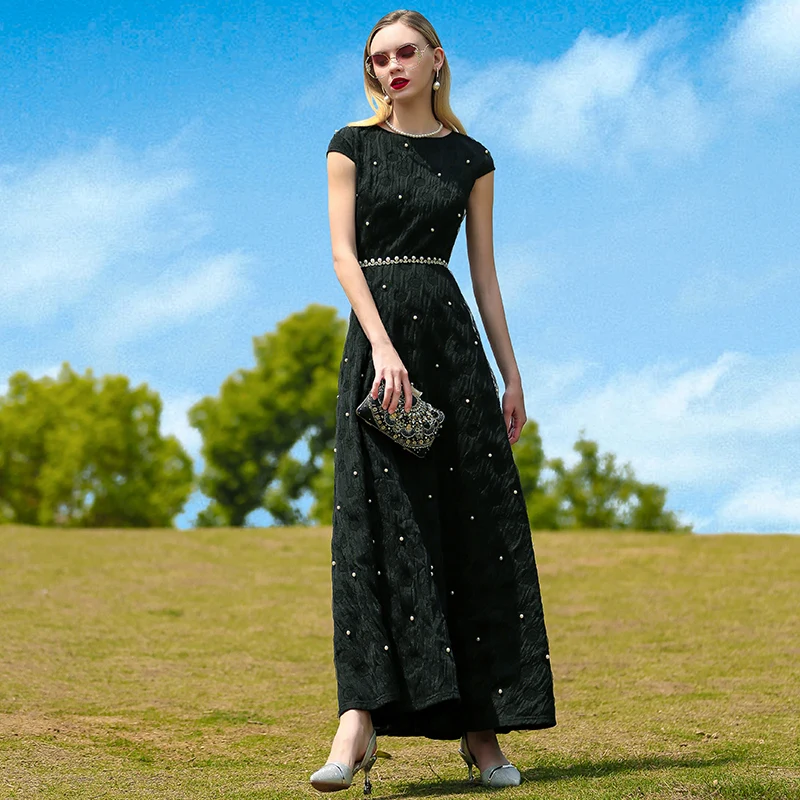 

2023 Summer Jacquard Dress Short Sleeve Beading Black Long Dress Women Events Party Clothing Birthday Gift Slim Waist Zipper
