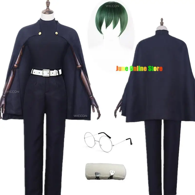 

Anime Zenin Maki Cosplay Costume Jujutsu Kaisen Season 2 Wig Dark Blue Cloak Glasses Tattoo Green Short Wig Bandages