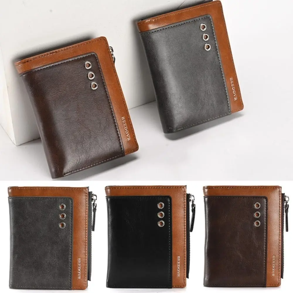 

Oil Wax Leather Two Fold Purse Zipper Inner Bag Large Capacity Men's Short Wallet Leisure Retro Male Leather Purse Outdoor