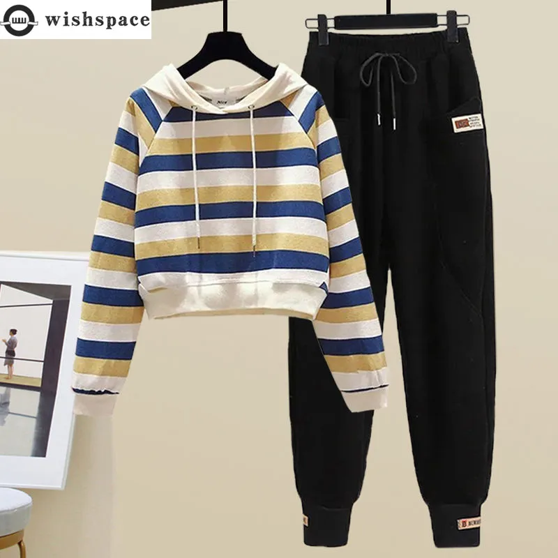 Spring and Autumn 2022 New Korean Fashion Stripe Girls T-Shirt Top Women's Casual Sports Pants Two-piece Set elmsk symbol commune autumn new casual pants youth men s loose straight leg pants fashion elastic sports pants