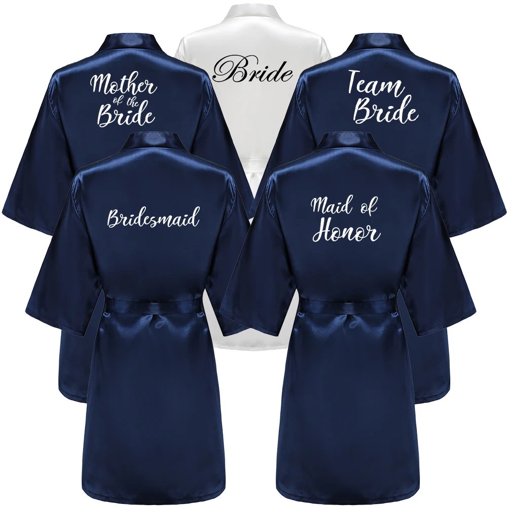 Satin Silk Robes Plus Size Wedding Bathrobe Bride Bridesmaid Mother Maid of Honor Gown Women Clothing Sleepwear Navy Blue women sleepwear bride robes silk robe