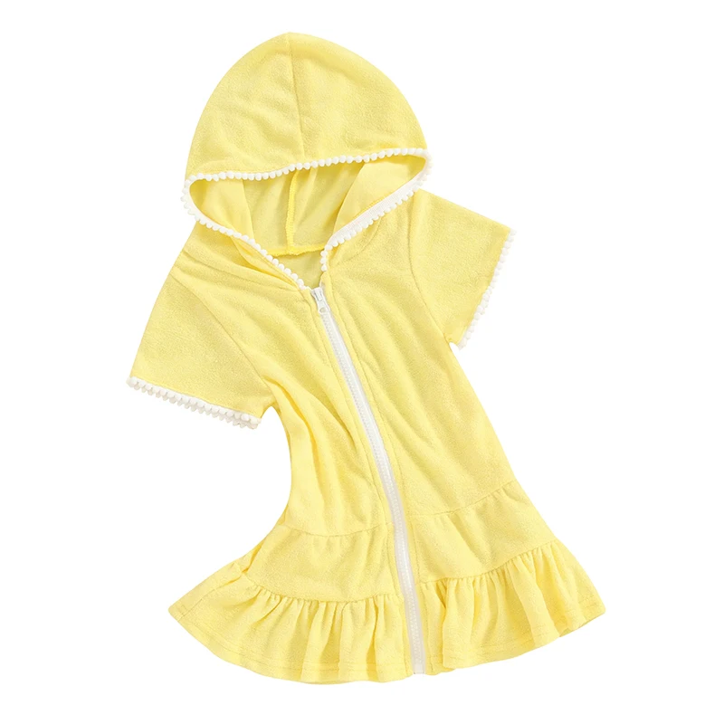 Pudcoco Toddler Girl Swim Cover Up Dress Short Long Sleeve Zip Up Hooded Bating Towel Beachwear Terry Bathrobe Swimwear 1-8T