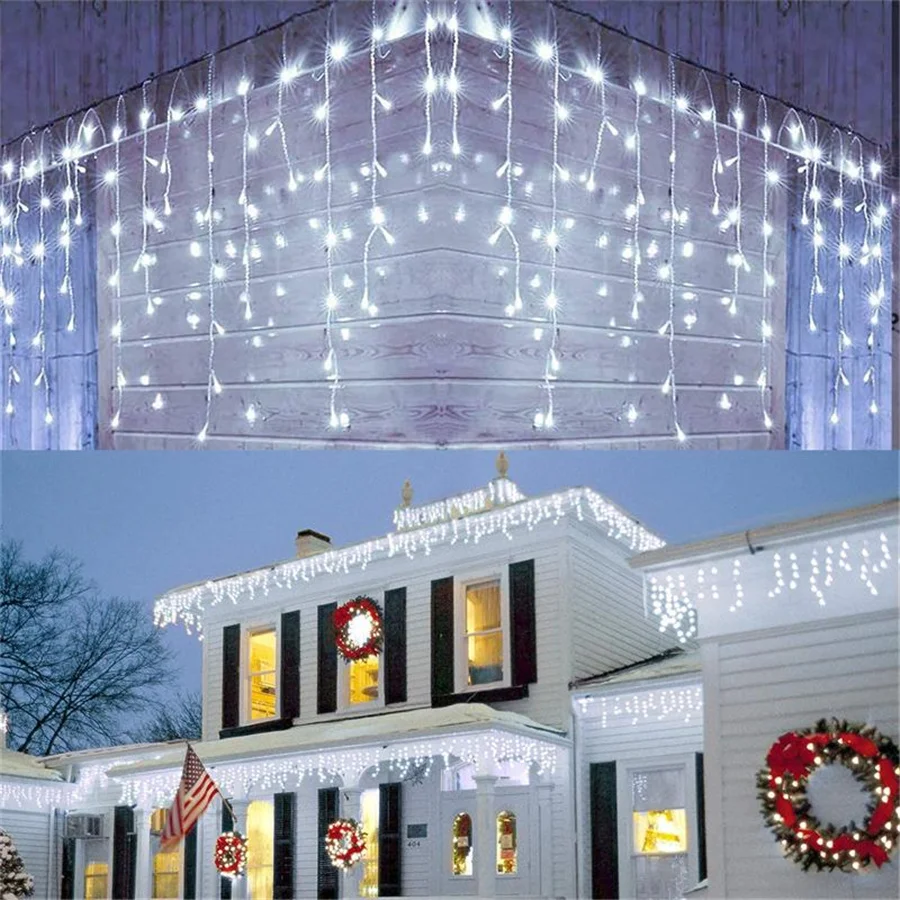 

4M 96LED Christmas Garlands Fairy Lights Outdoor 8 Modes Waterproof Icicle Curtain String Lights for Garden Party Wedding Decor