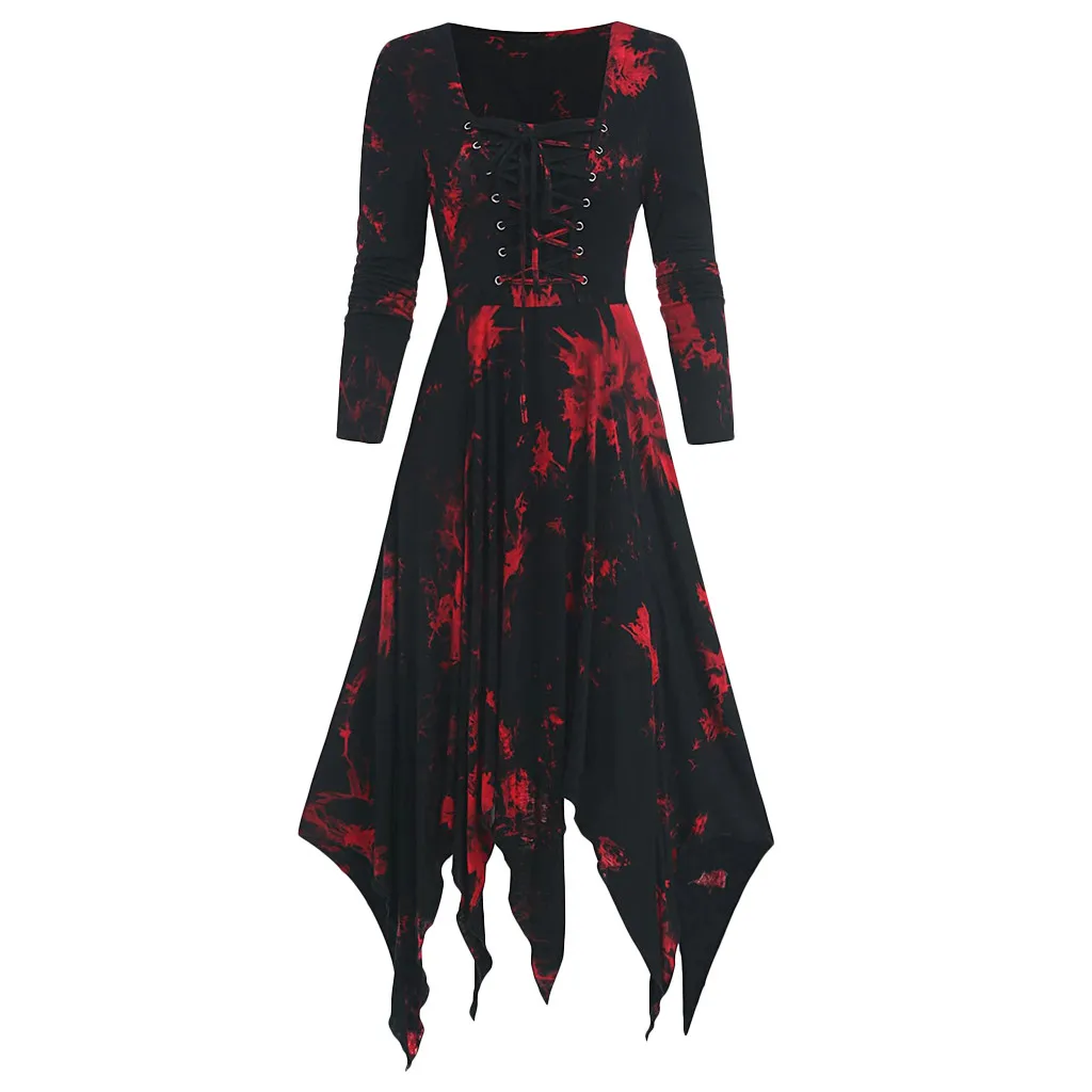 

Vegetable Dress Women Dress Tie-Dye Print Long Sleeve Lace-up Handkerchi Gothic Dress Womens Casual Dresses
