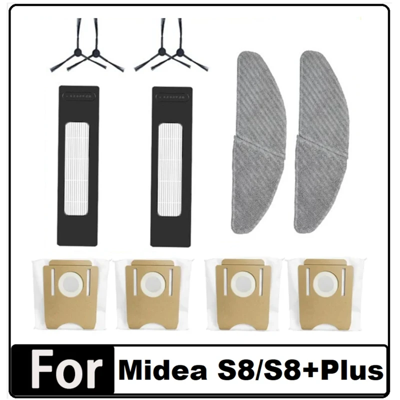 

12PCS Side Brush Hepa Filter Mop Cloth Dust Bag For Midea S8/S8+Plus Robot Vacuum Cleaner Accessories