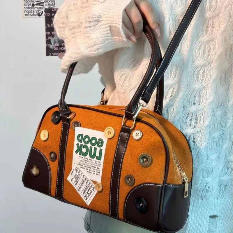 JIAERDI Retro Label Button Design Handbag Women Maroon Patchwork Brown Shoulder Bag Ladies Fashion Cute Boston Crossbody Bag New