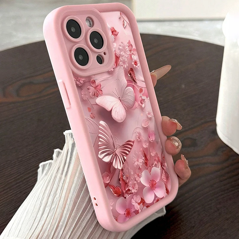 Pink Floral Butterfly Charm Silicone Phone Case - Soft Protective Cover