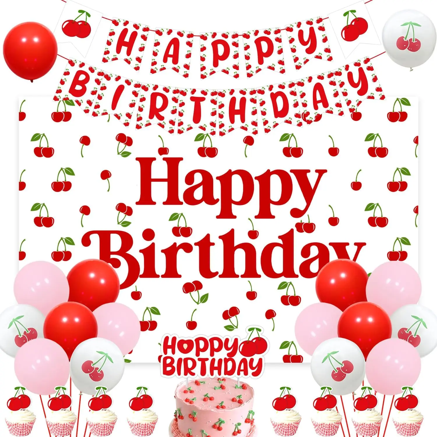 

Украшения для дня рождения в виде вишни, 44 шт., фон для дня рождения, топы для вишневых кексов, белые и красные фотообои для девочек