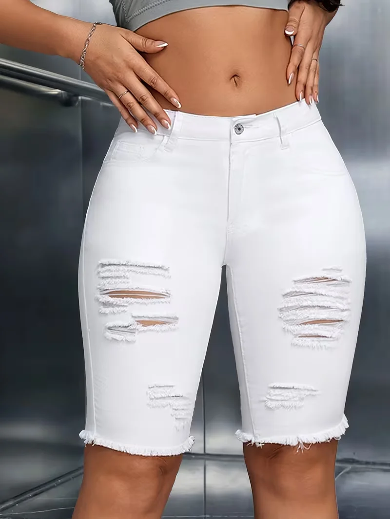 Zerrissene Enge Weiße Denim-Shorts für Damen Sexy Schlanke Elastische Hip-Hop Loch-Shorts Weibliche Mode Y2K Street Knielange Hosen – Detail 3