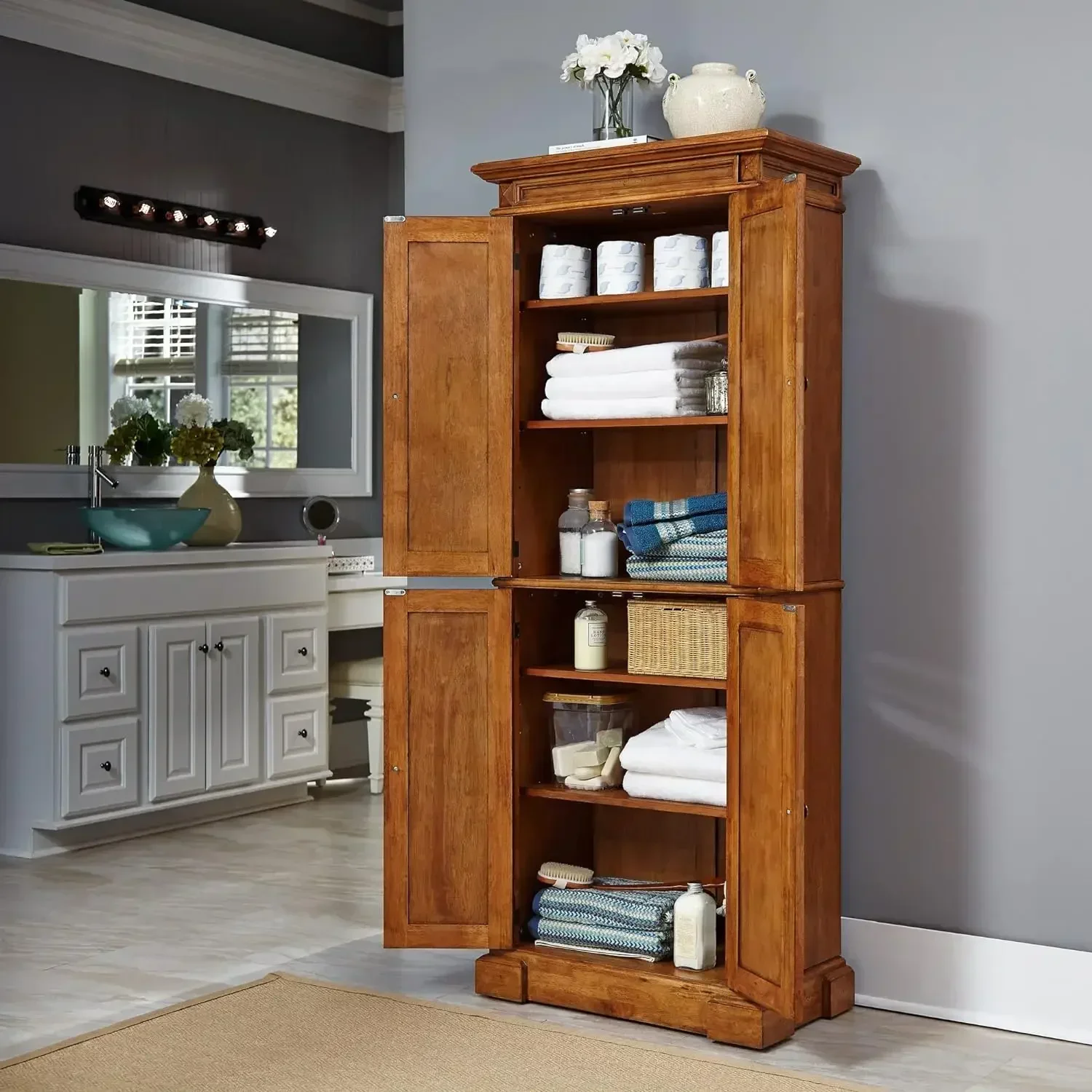 Storage Pantry with Drawer and Adjustable Shelves, Distressed Oak Oak, 72 Inches, High by 30 Inches Wide 2