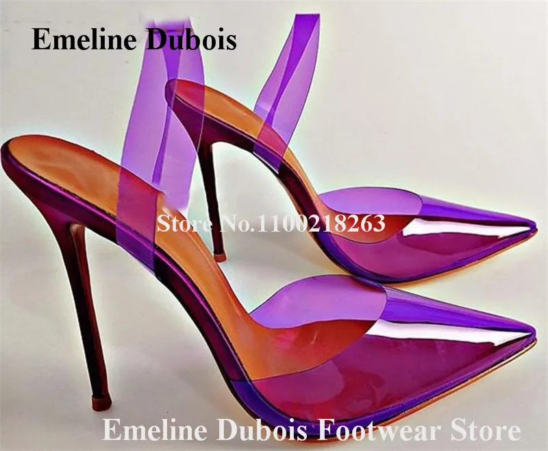 

PVC Candy Colors Pumps Emeline Dubois Newest Pointed Toe Clear Transparent Stiletto Heel Shoes Sexy Fuchsia Pink High Heels 46