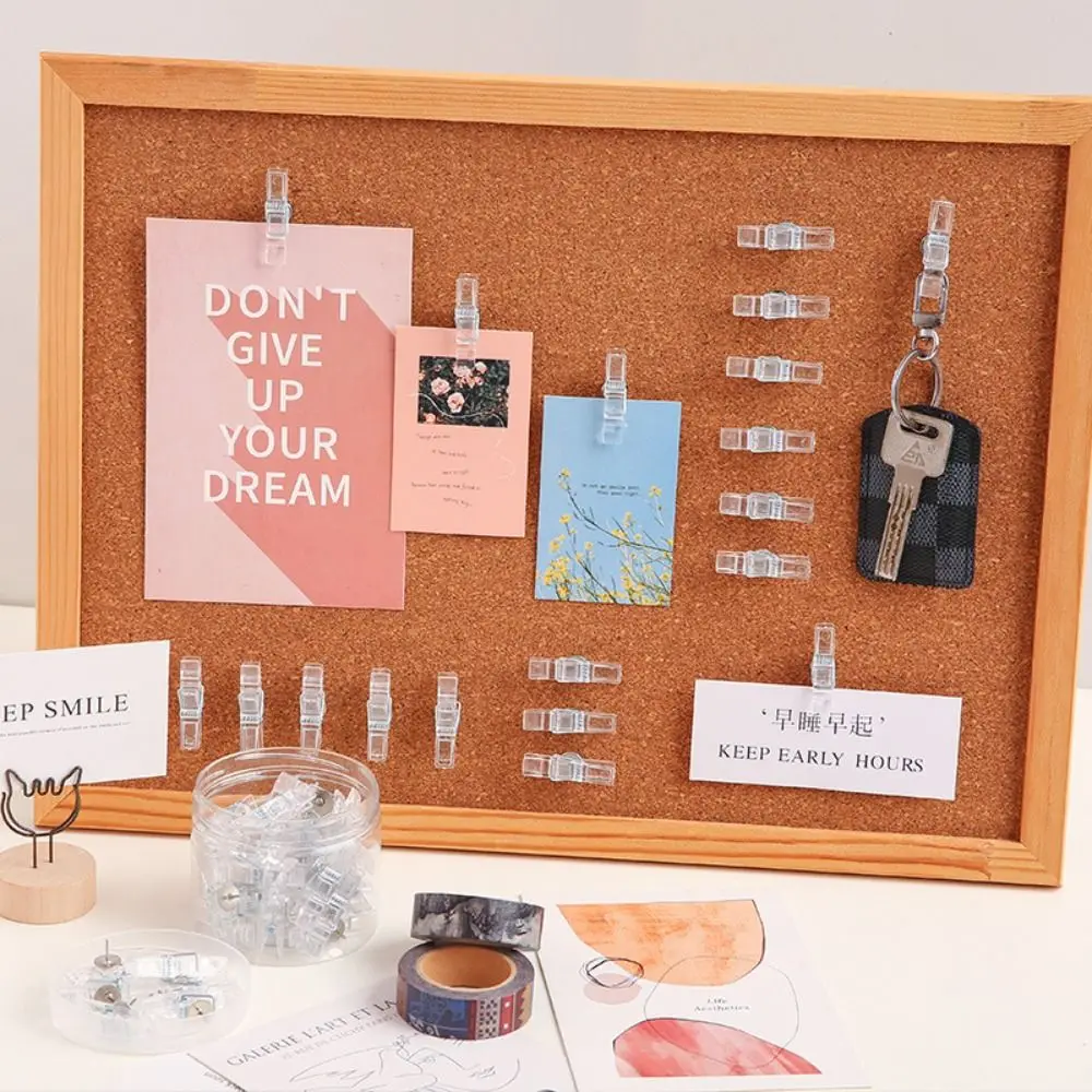 20개/박스 미니 투명 클립 푸시핀, 창의적인 플라스틱 푸시핀(클립 포함), 재사용 가능하고 튼튼한 썸 탭