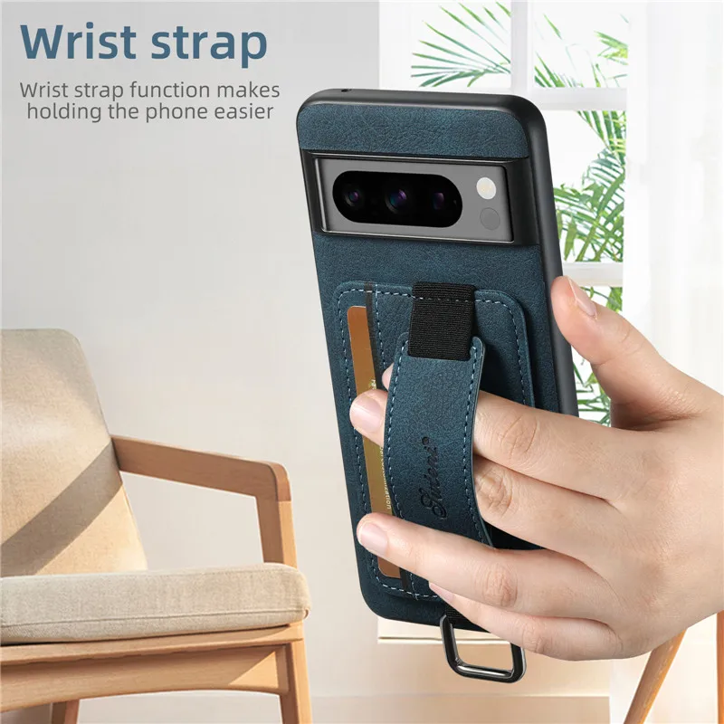 EUCAGR Luxury Business Wrist Strap Leather Wallet Case with Card Holder Back Cover