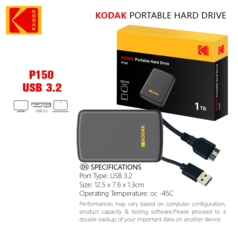 코닥 P150 2.5인치 휴대용 외장 하드 드라이브 - 고속 저장 1TB/500GB 최대 읽기 속도 450mb/s 노트북 데스크탑 PS4 PS5용