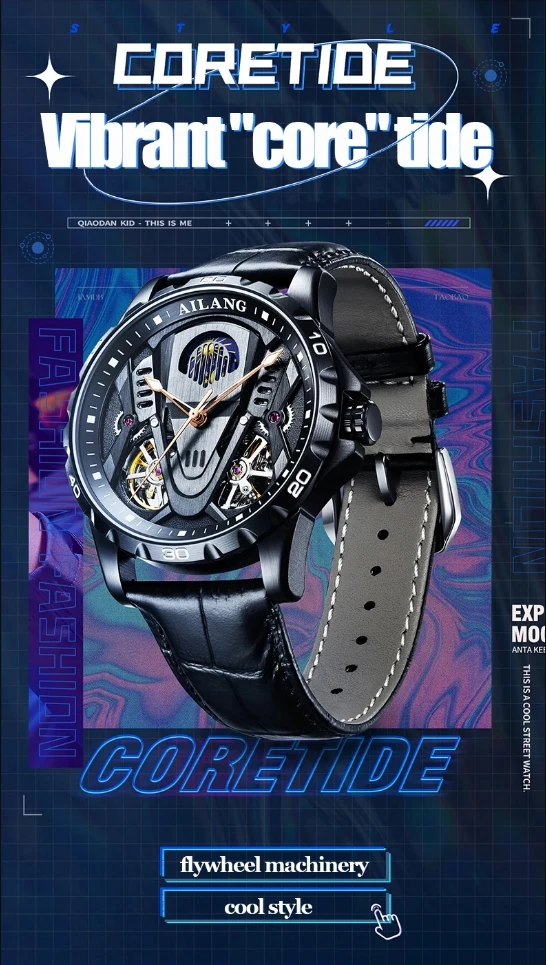 AILANG Herren Luxus Automatik-Mechanische Uhr mit Hohldesign, Doppel-Pendel, Fliehendem Schwungrad, Mondphase und Leuchtzeigern - Armbanduhr für Männer – Detail 1