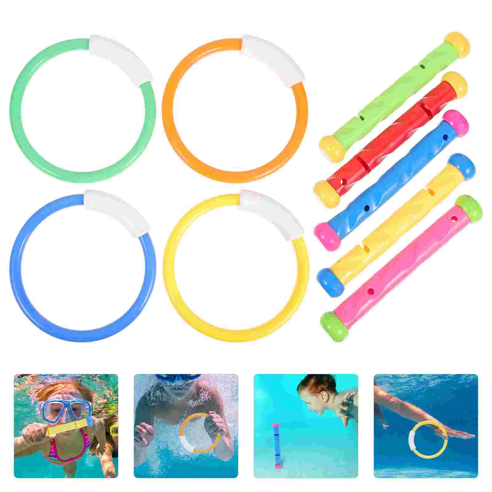 

9 Pcs Diving Play Set Toddler Pool Summer Toys Rings for Kids Ages 8-12 Dive Plastic Sticks Swimming