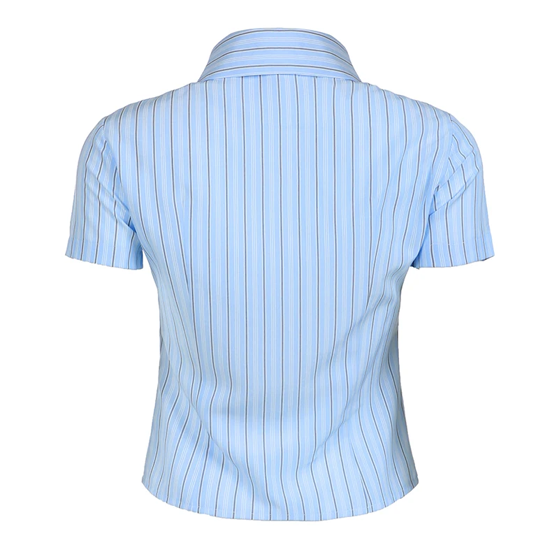 IAMHOTTY College Style Striped Blouse Womens Summer Chic England Button-up Turn-down Collar Embroidery Short Sleeve T-shirt Y2K