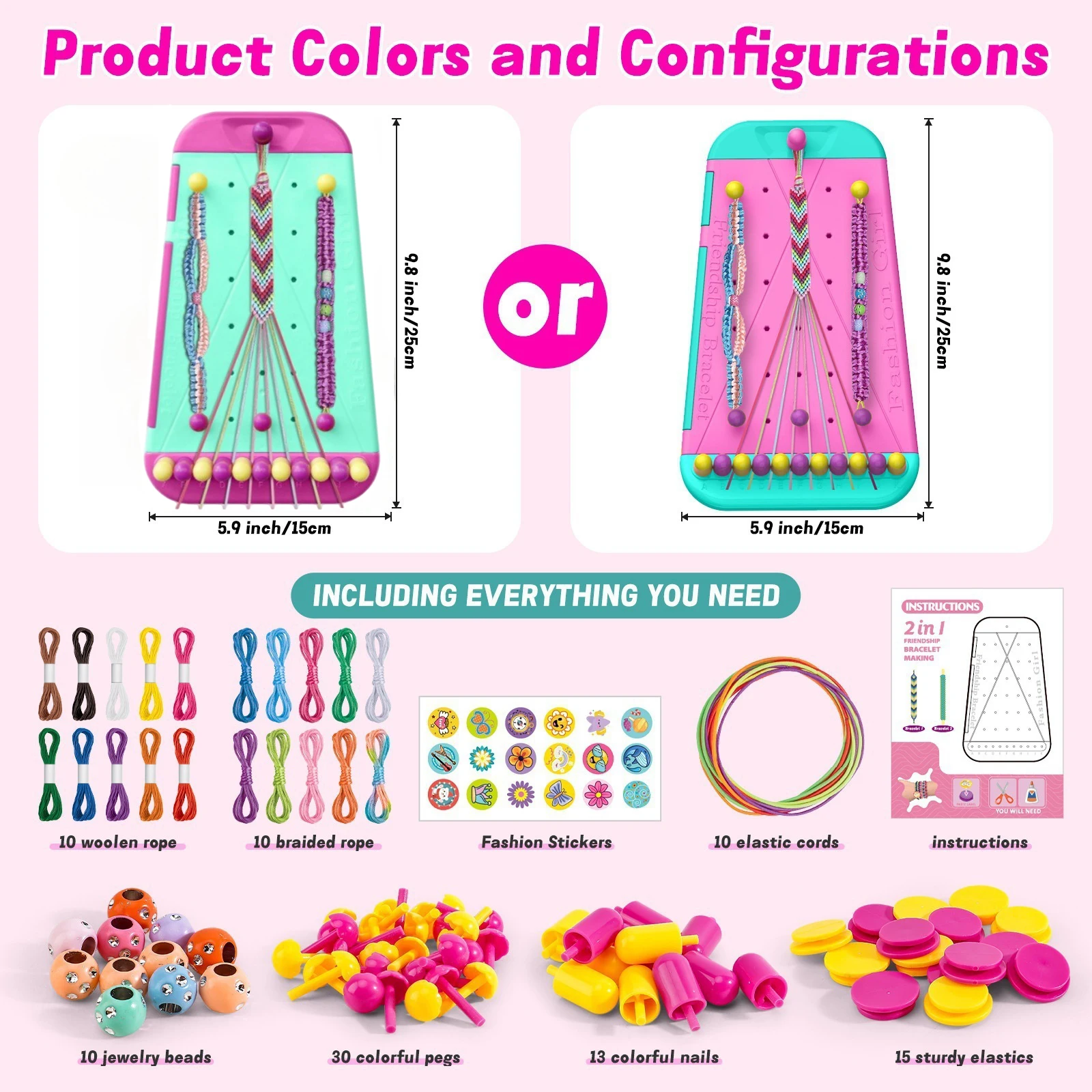 2 in 1 DIY Friendship Hand Rope Weaver Dress Up Toy Elastic Hand Rope Bracelet Making Set Pretend Play Gift for Girls' Birthday