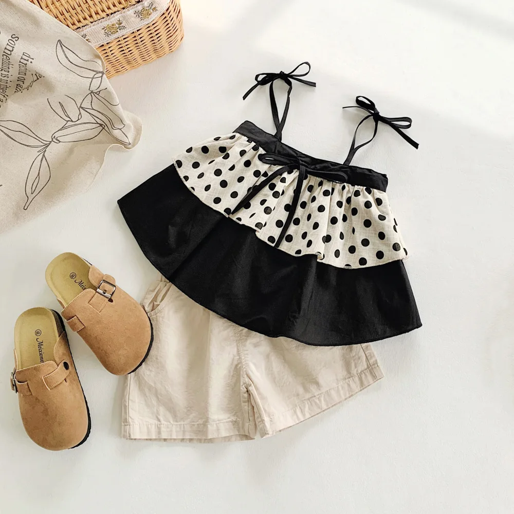 

2023 New Girls Set Summer Baby Girl Clothes Polka Dot Suspender Tops and Shorts 2piece Suits Korean Fashion Children Clothing