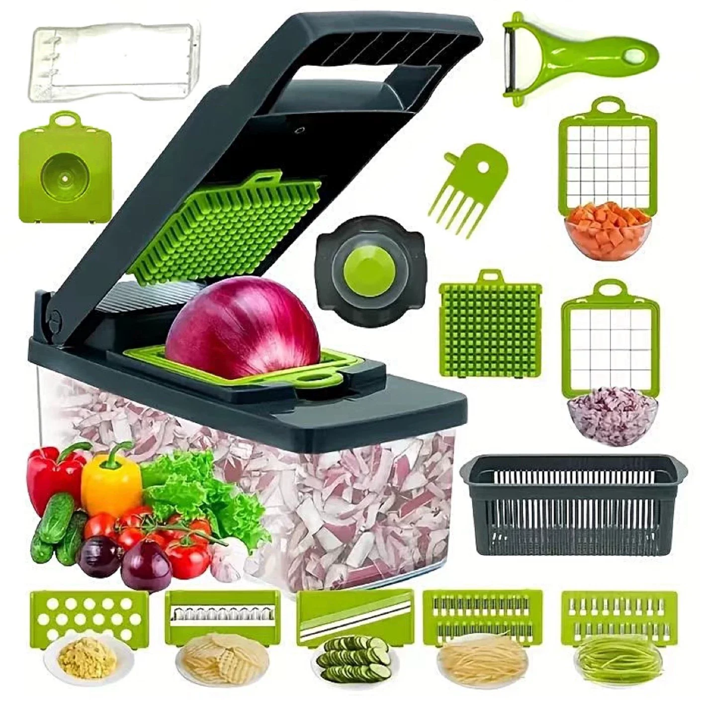 14-in-1 Multifunctional Vegetable Chopper-Kitchen Must-Have Food Processor for Slicing, Dicing&Grating, Compact&Dishwasher Safe