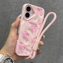 Sweet Pink Bow Pattern Hand Strap Phone Case - Stylish Protective Cover - iPhone 15 Plus (FE - T1995 - PJ119)
