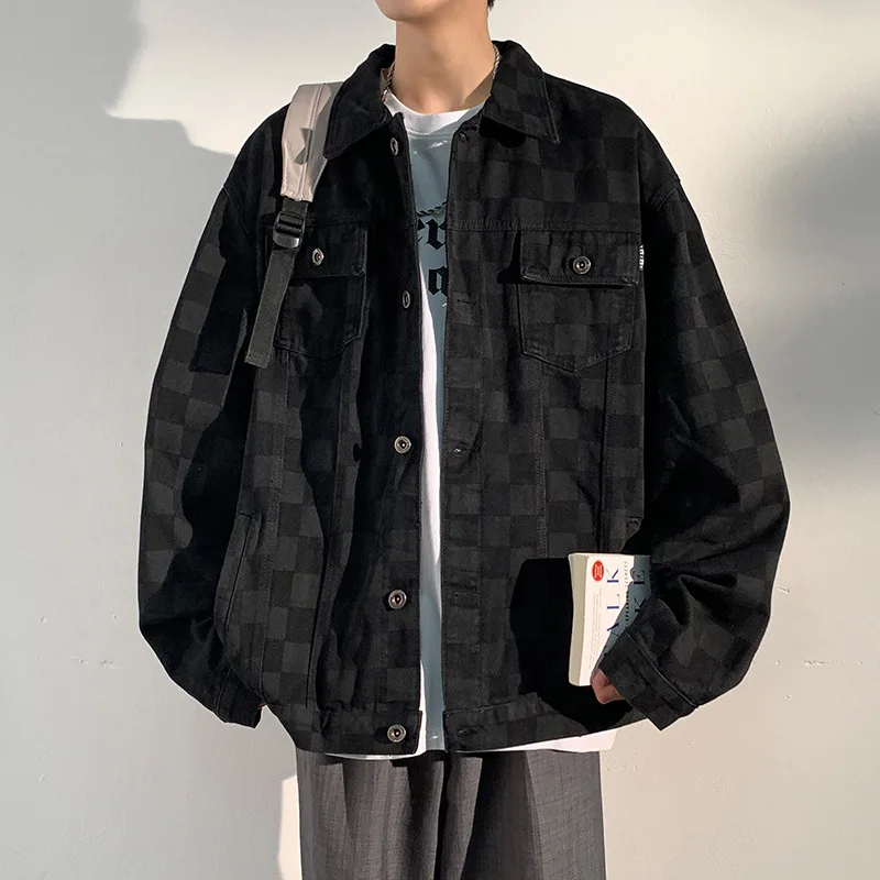 Chessboard Plaid Jeans Jacket Men Autumn Black Denim Jacket Men Overalls Bomber Streetwear Man Clothing Oversized Outwear Coats