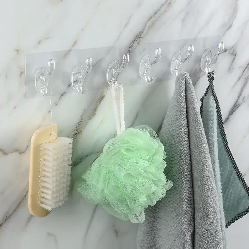 Transparent 6 HooksPlastic Coat Hooks Kitchen Bathroom Six Rows Hooks Punch Free Wall Hook Bathroom Towel Rack Accessories,adhesive hooks,wall clothes hook,kitchen hook,wall hanger,towel hook,wall coat rack
